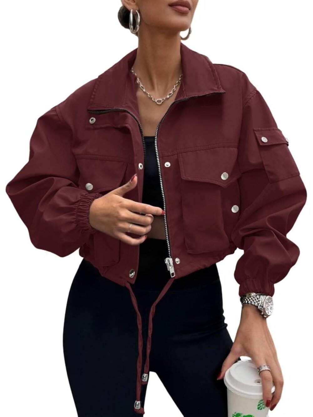 Women's Wine Red 100%Polyester Cropped Zip Up Cargo Utility Anorak Bomber Jacket